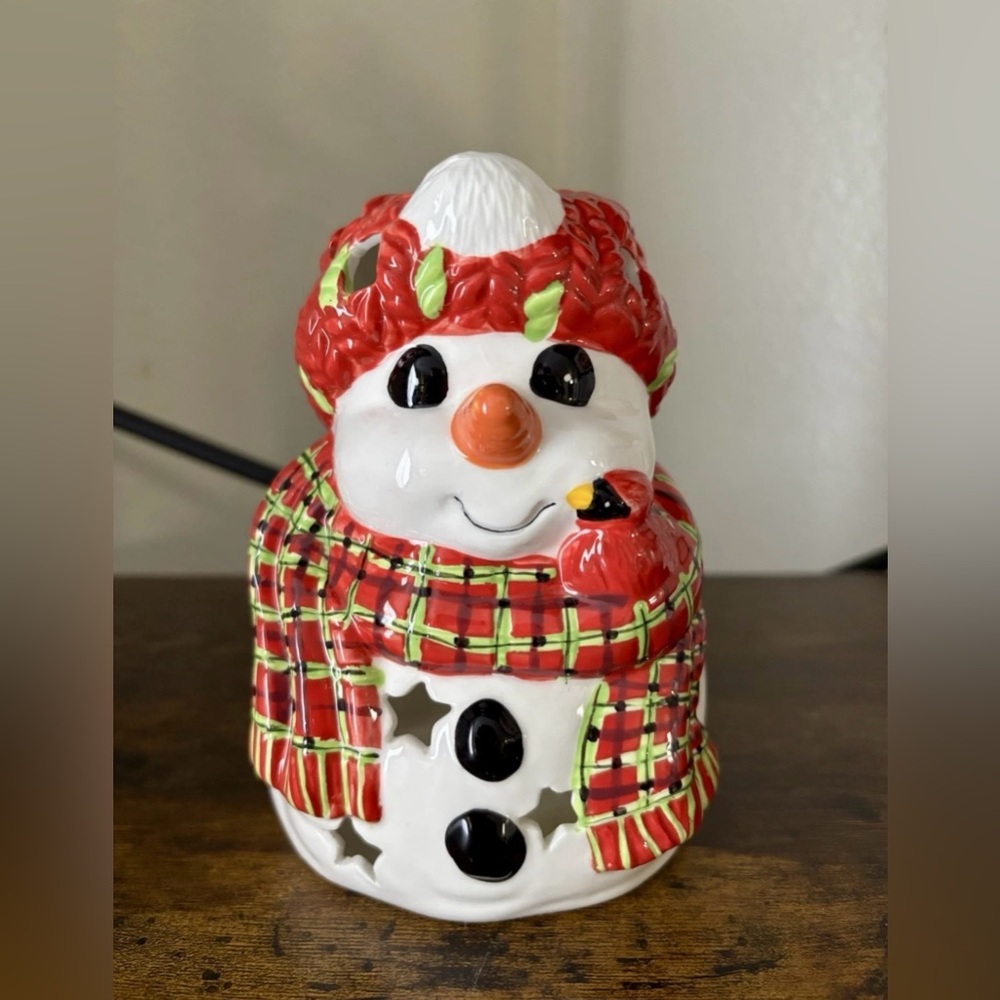Holiday Snowman Ceramic Luminary - Red Plaid